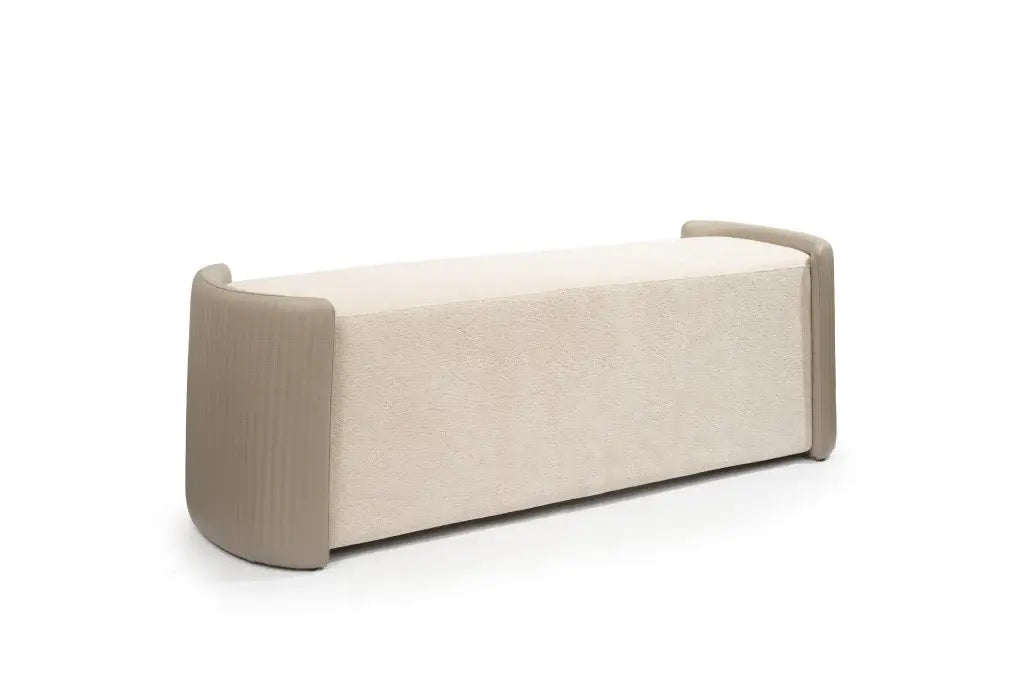 58" Taupe and Light Gray Boucle And Faux Leather Upholstered Bench - Homeroots - Flyclothing LLC