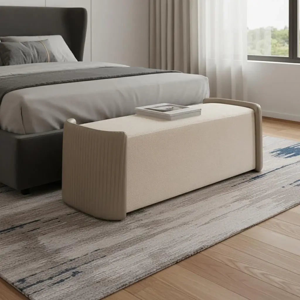 58" Taupe and Light Gray Boucle And Faux Leather Upholstered Bench - Homeroots - Flyclothing LLC