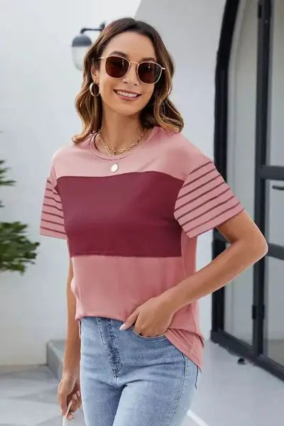 Color Block Round Neck Short Sleeve T-Shirt - Trendsi - Flyclothing LLC