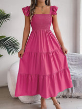 Smocked Square Neck Cap Sleeve Midi Dress - Trendsi - Flyclothing LLC