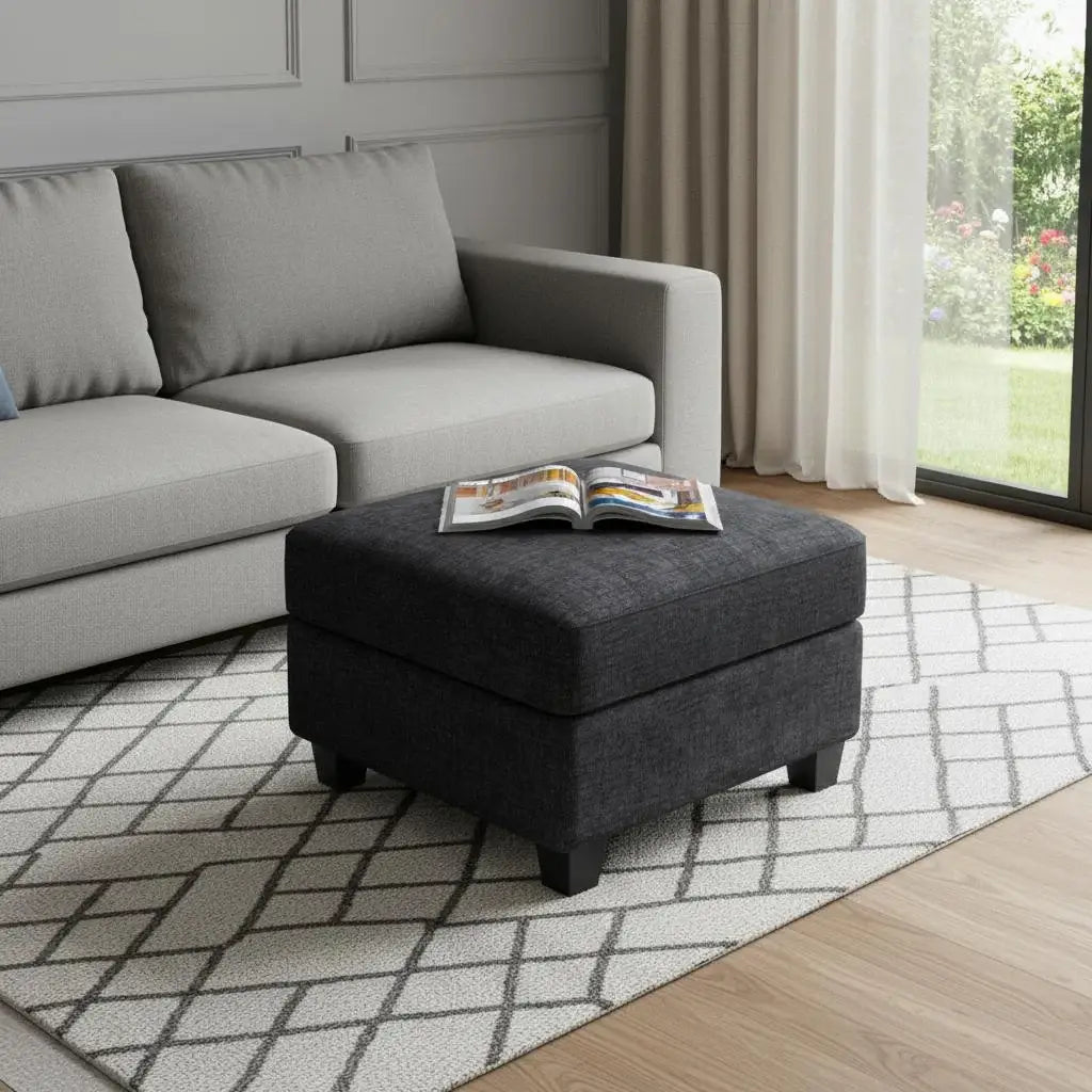 26" Gray and Black Chenille Storage Ottoman - Homeroots - Flyclothing LLC