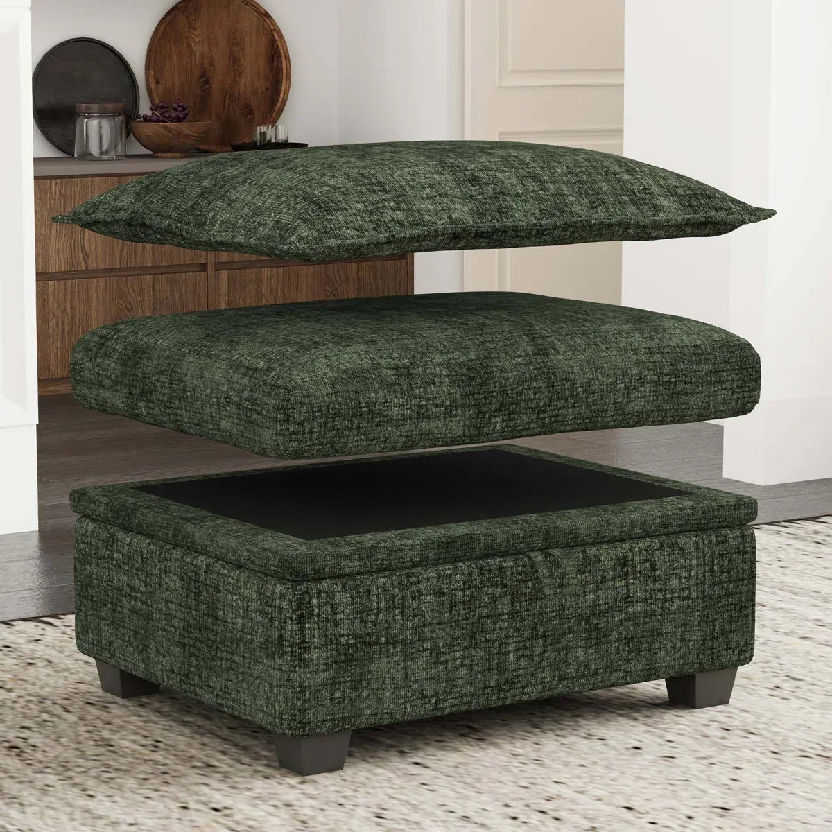 30" Green and Black Chenille Storage Ottoman