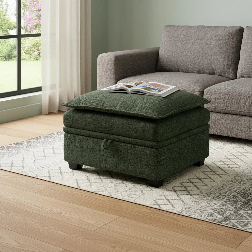 30" Green and Black Chenille Storage Ottoman
