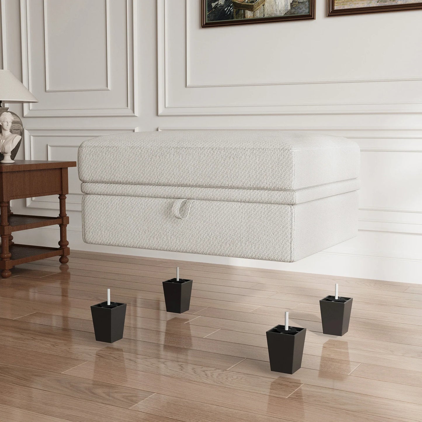 29" Beige and Black Chenille Storage Ottoman