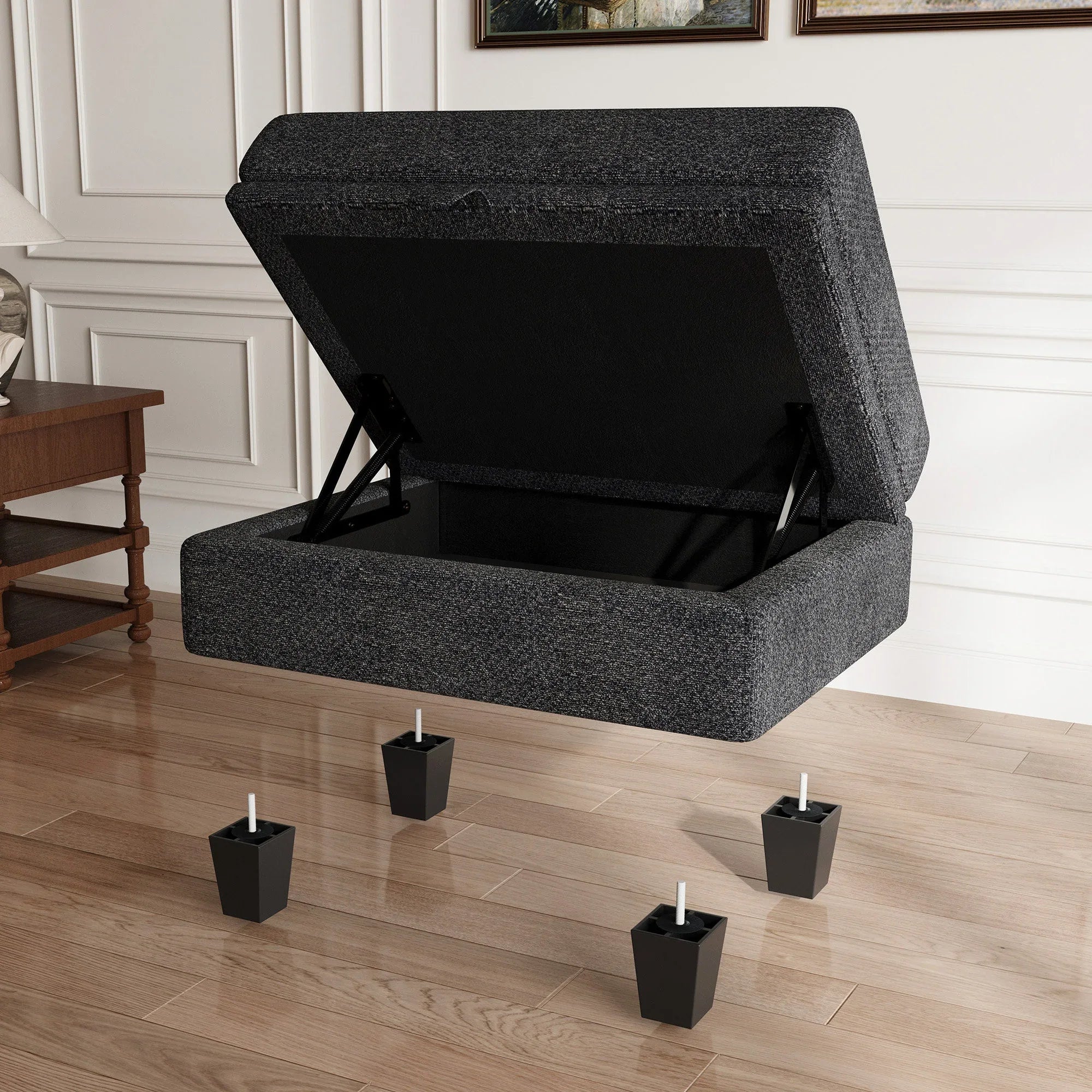 29" Gray and Black Chenille Storage Ottoman