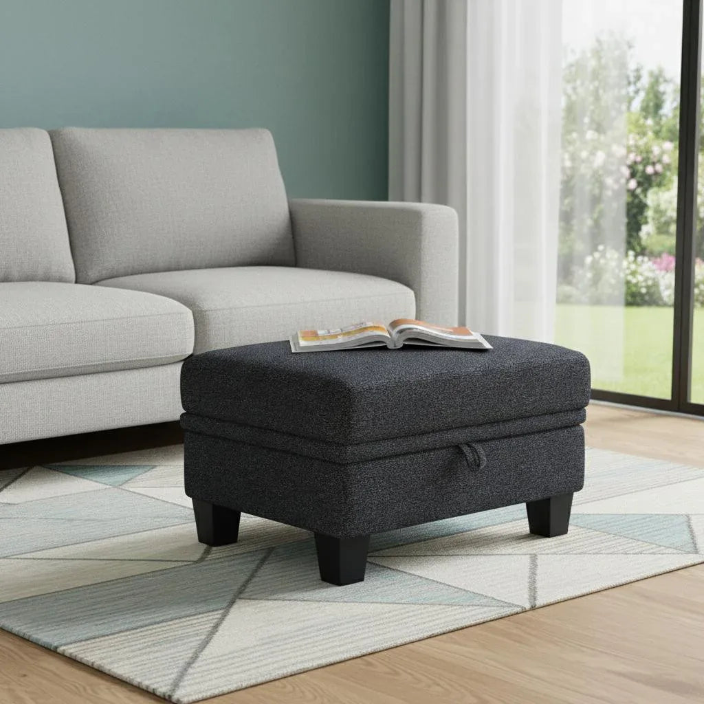 29" Gray and Black Chenille Storage Ottoman