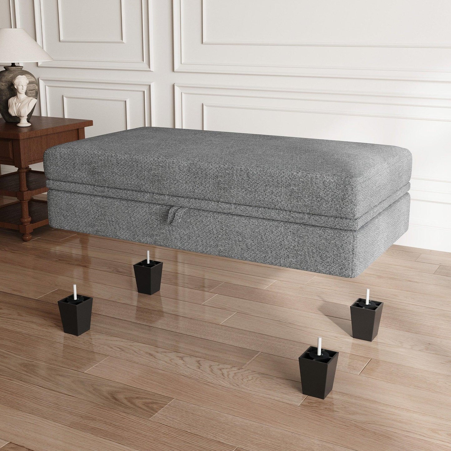 46" Light Gray and Black Chenille Storage Ottoman