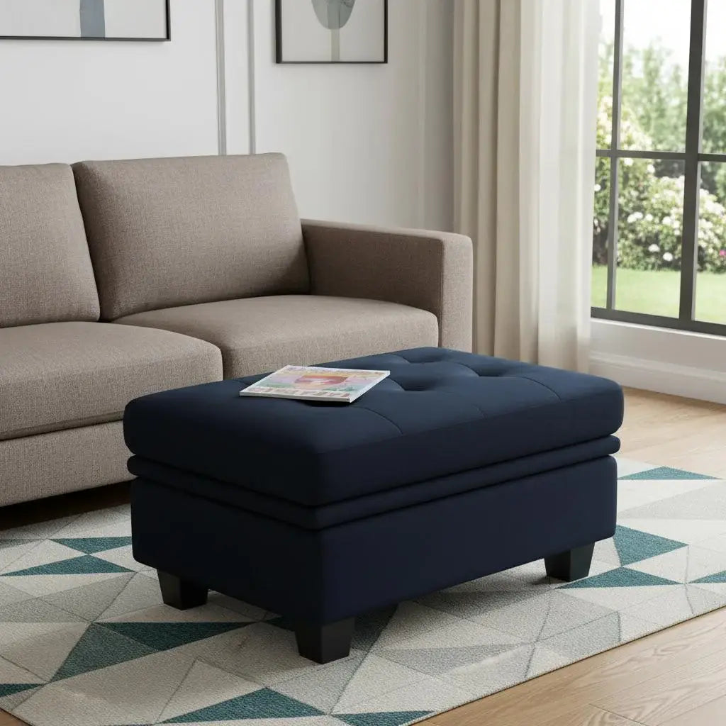 32" Blue and Black Velvet Tufted Storage Ottoman - Homeroots - Flyclothing LLC