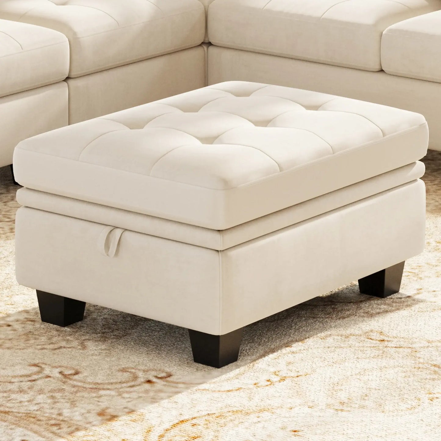 32" Beige and Black Velvet Tufted Storage Ottoman - Homeroots - Flyclothing LLC