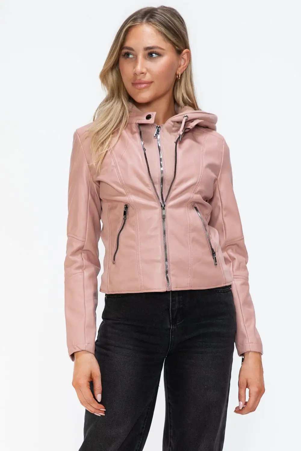 Snobbish Faux Leather Zip Up Drawstring Hooded Jacket - Trendsi - Flyclothing LLC