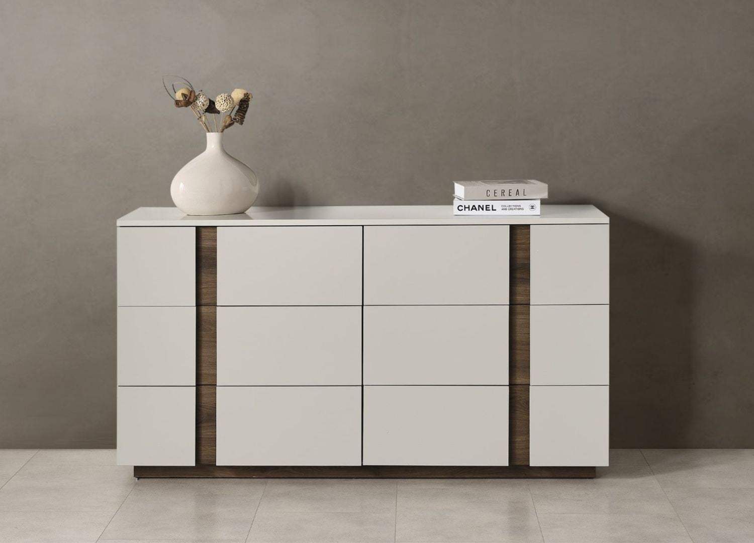 60" Light Gray And Walnut Wood Six Drawer Double Dresser - HomeRoots - Flyclothing LLC