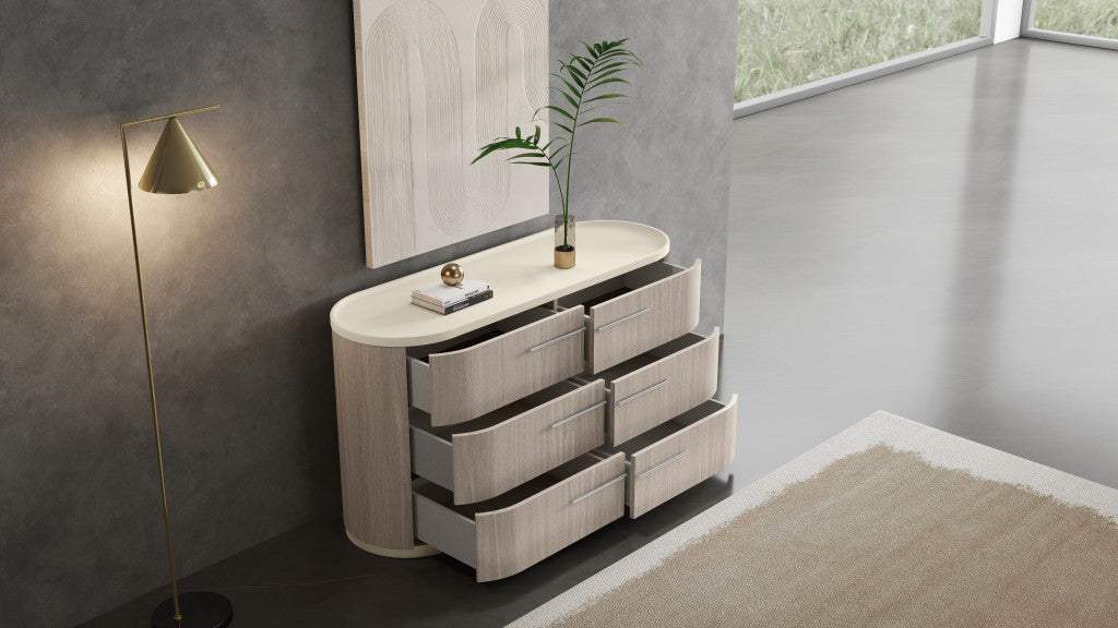 60" Beige And Oak Wood Six Drawer Double Dresser - HomeRoots - Flyclothing LLC