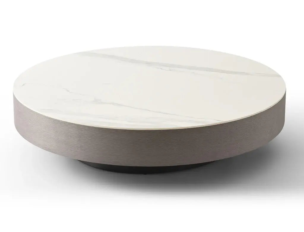 41" White and Gray Ceramic Tile and Wood Round Pedestal Coffee Table - Homeroots - Flyclothing LLC