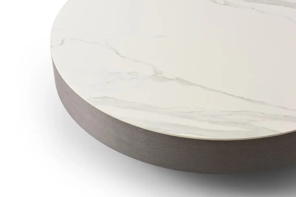 41" White and Gray Ceramic Tile and Wood Round Pedestal Coffee Table - Homeroots - Flyclothing LLC