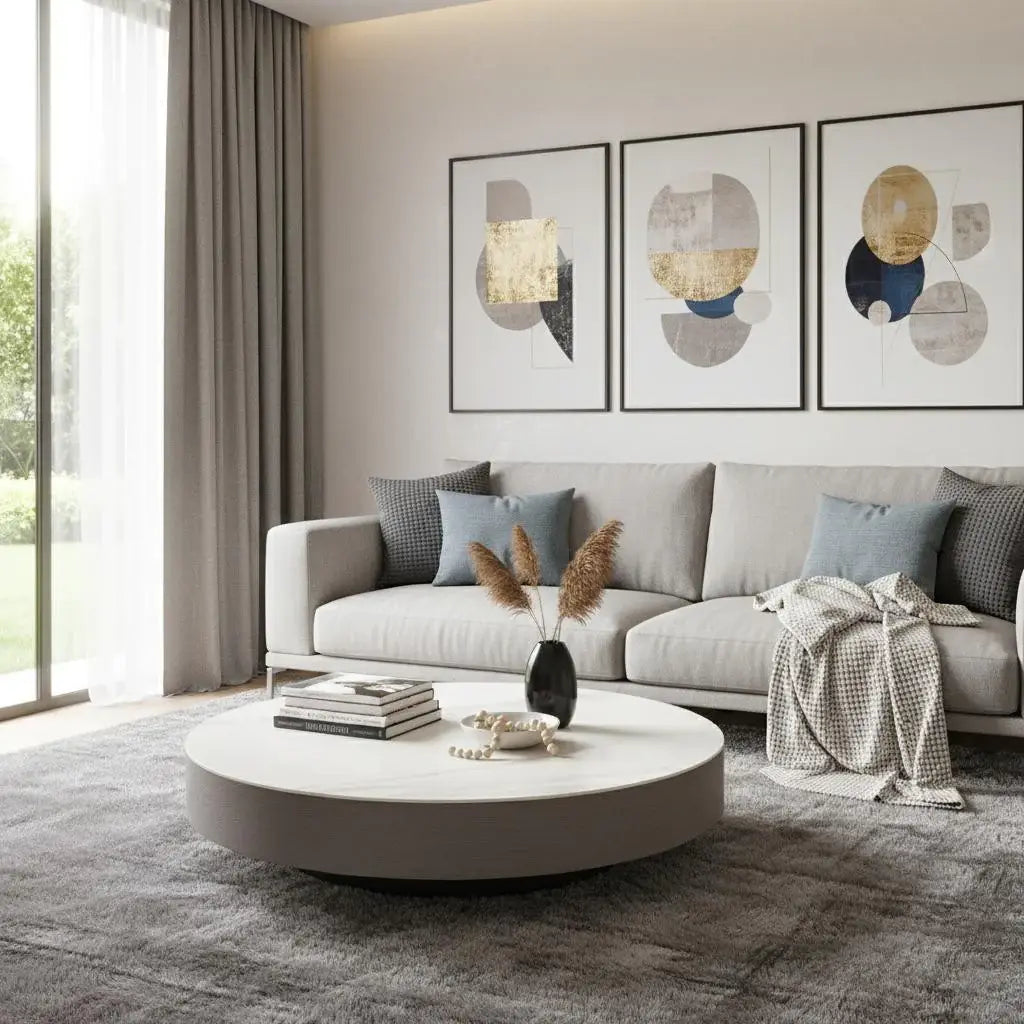 41" White and Gray Ceramic Tile and Wood Round Pedestal Coffee Table - Homeroots - Flyclothing LLC