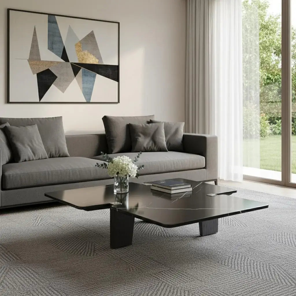 47" Black Genuine Marble and Solid Wood Free Form Coffee Table - Homeroots - Flyclothing LLC
