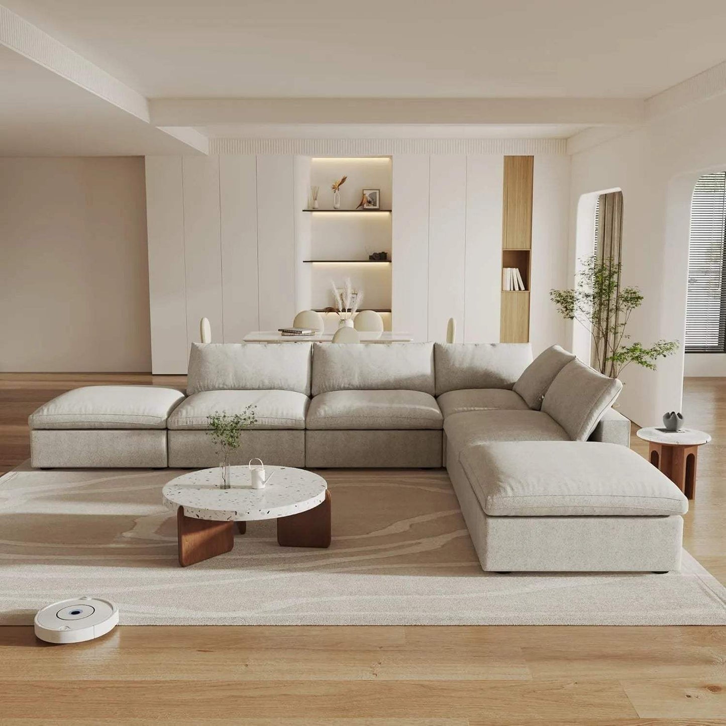 160" Khaki Linen Blend Modular Armless Sofa With Ottomans Toss Pillows And Storage - HomeRoots - Flyclothing LLC