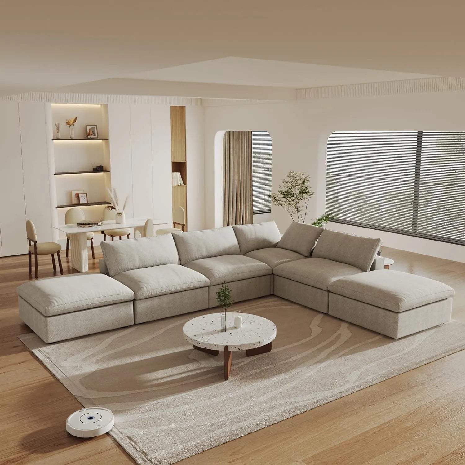 160" Khaki Linen Blend Modular Armless Sofa With Ottomans Toss Pillows And Storage - HomeRoots - Flyclothing LLC