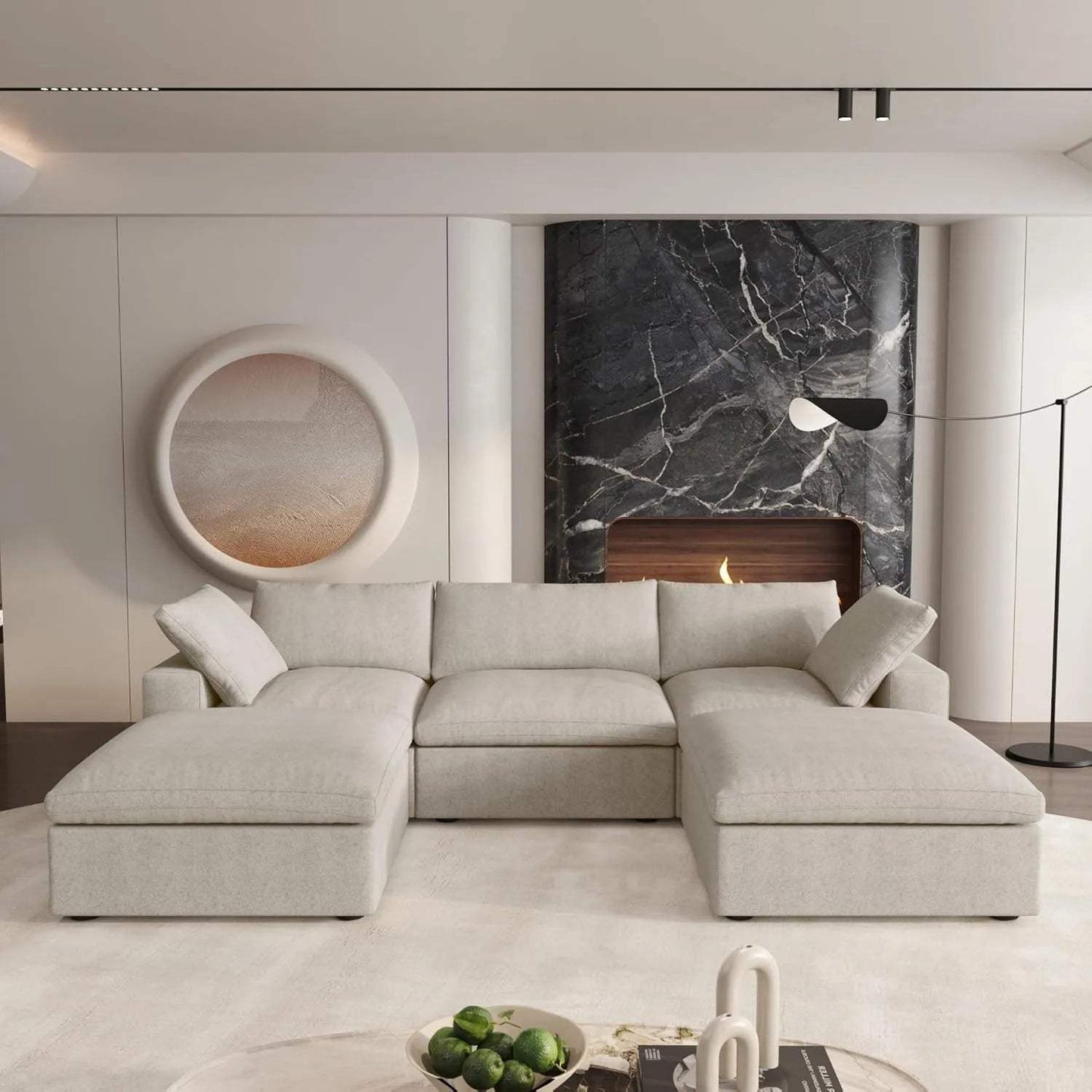 120" Beige Linen Blend Modular Sofa With Ottoman And Toss Pillows And Storage - HomeRoots - Flyclothing LLC