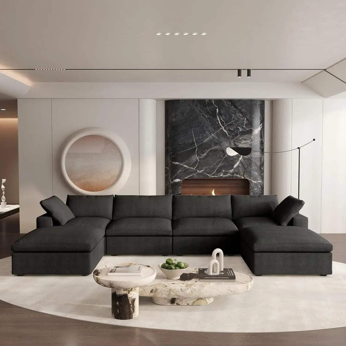 160" Black Linen Blend Modular Sofa With Ottomans Toss Pillows And Storage - HomeRoots - Flyclothing LLC