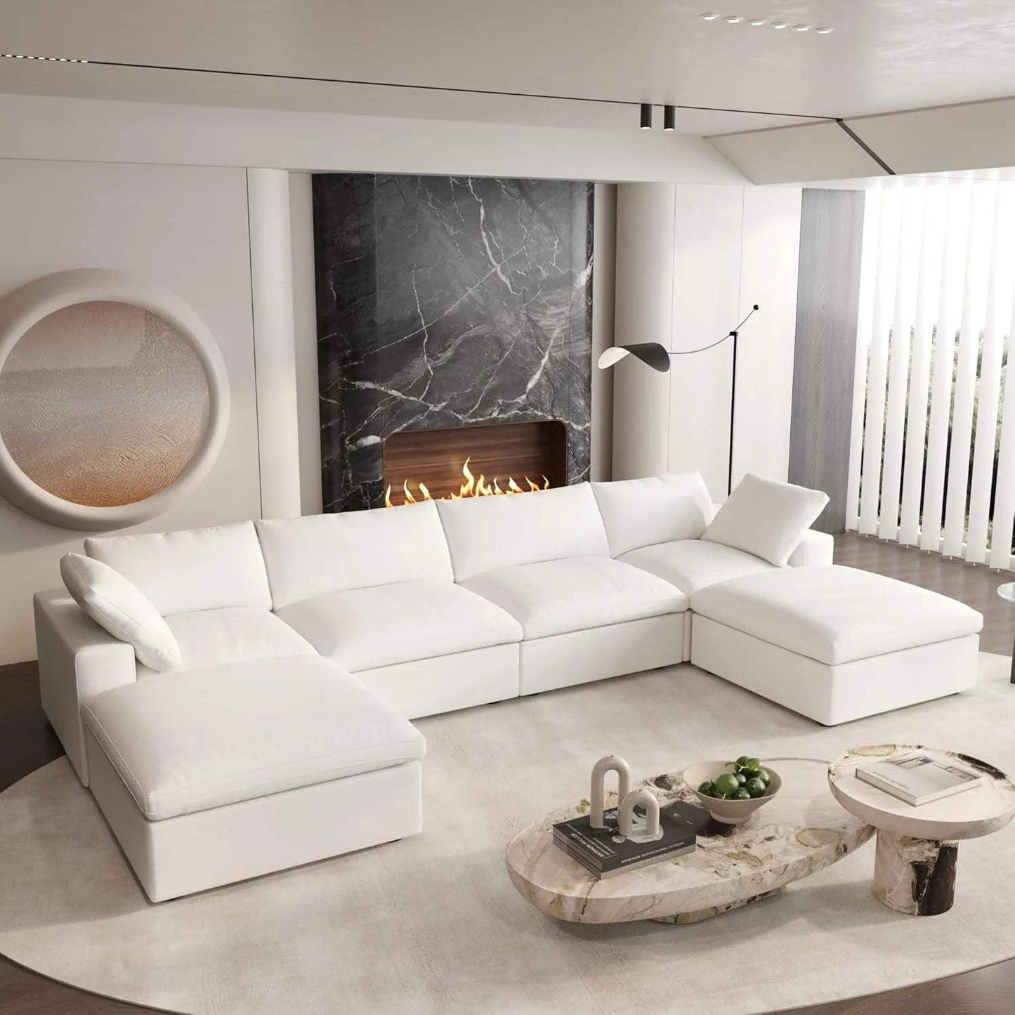 160" White Linen Blend Modular Sofa With Ottomans Toss Pillows And Storage - HomeRoots - Flyclothing LLC
