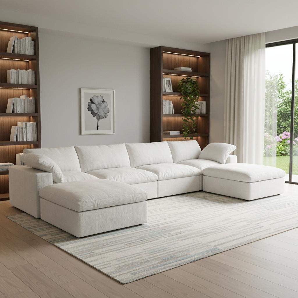 160" White Linen Blend Modular Sofa With Ottomans Toss Pillows And Storage - HomeRoots - Flyclothing LLC
