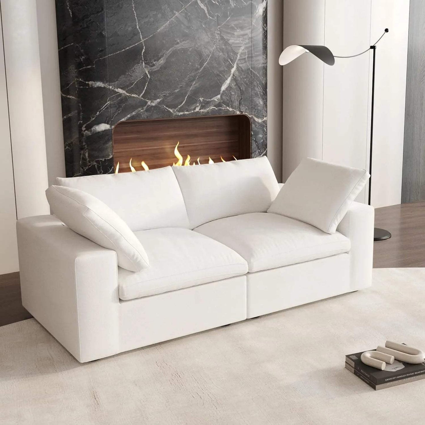 80" White Linen Blend Modular Loveseat and Toss Pillows - HomeRoots - Flyclothing LLC
