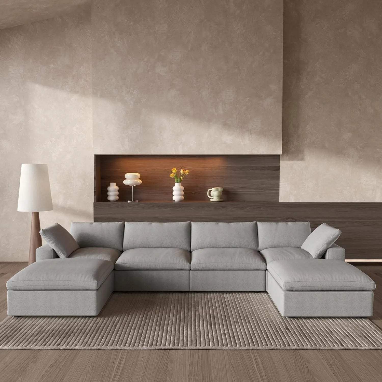 160" Light Gray Linen Blend Modular Sofa With Ottomans Toss Pillows And Storage - HomeRoots - Flyclothing LLC
