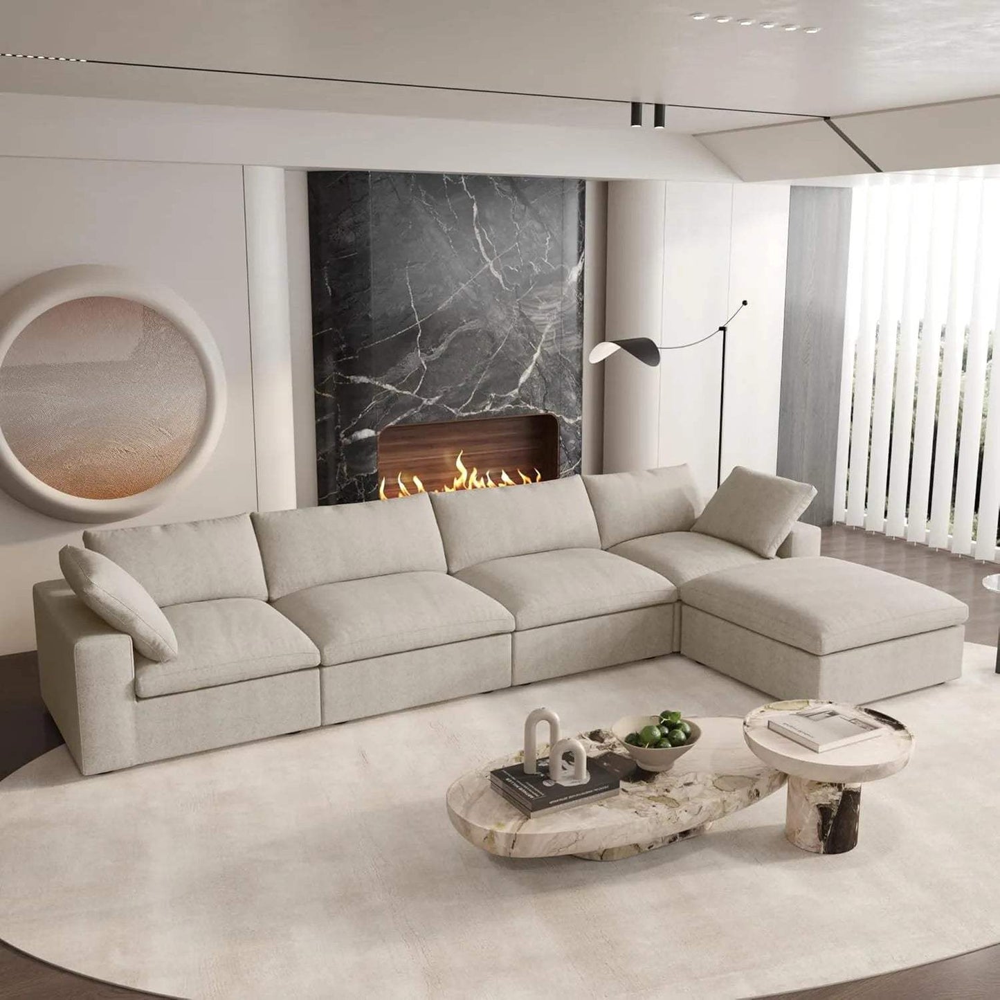 160" Khaki Linen Blend Modular Sofa With Ottoman And Toss Pillows - HomeRoots - Flyclothing LLC