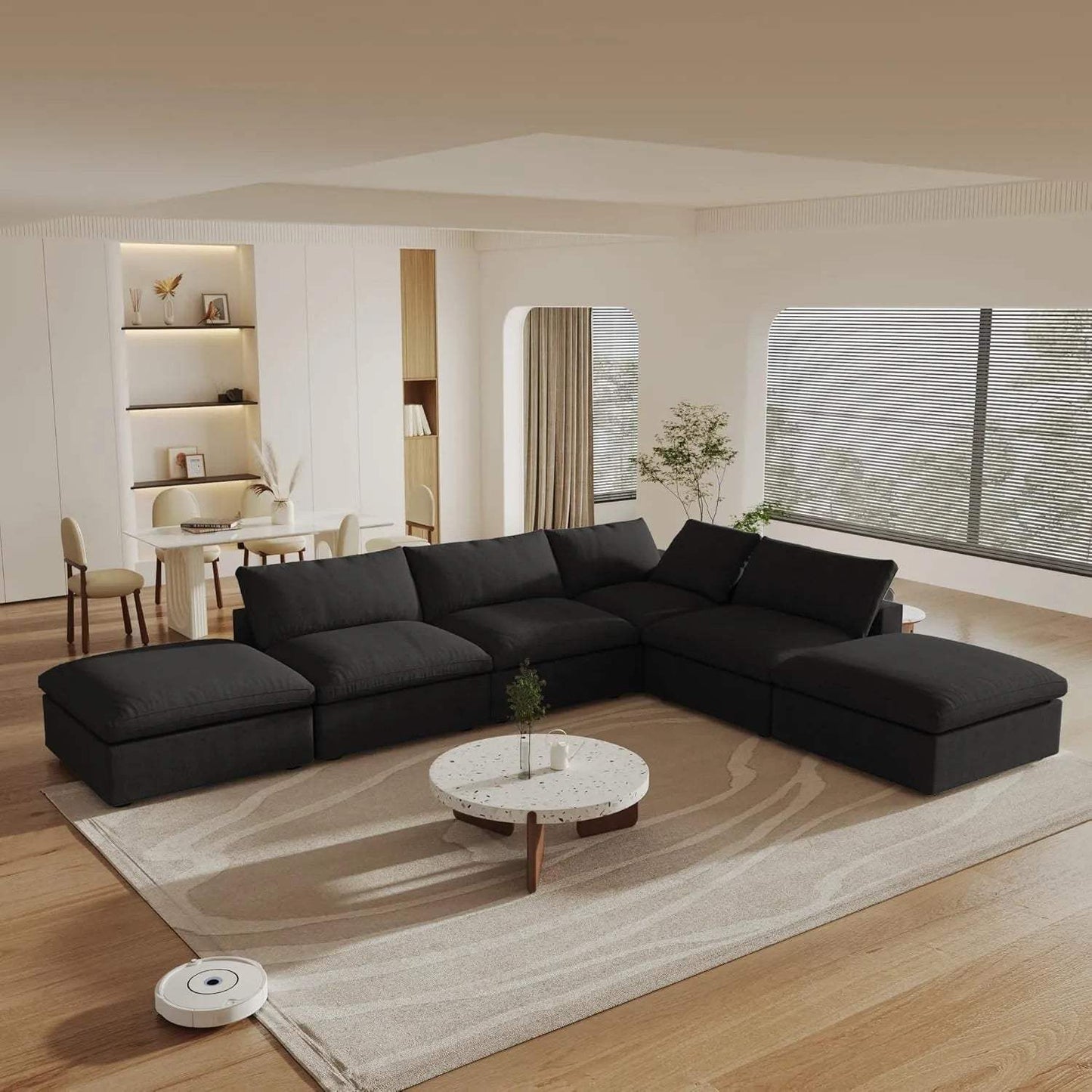 160" Black Linen Blend Modular Armless Sofa With Ottomans And Storage - HomeRoots - Flyclothing LLC