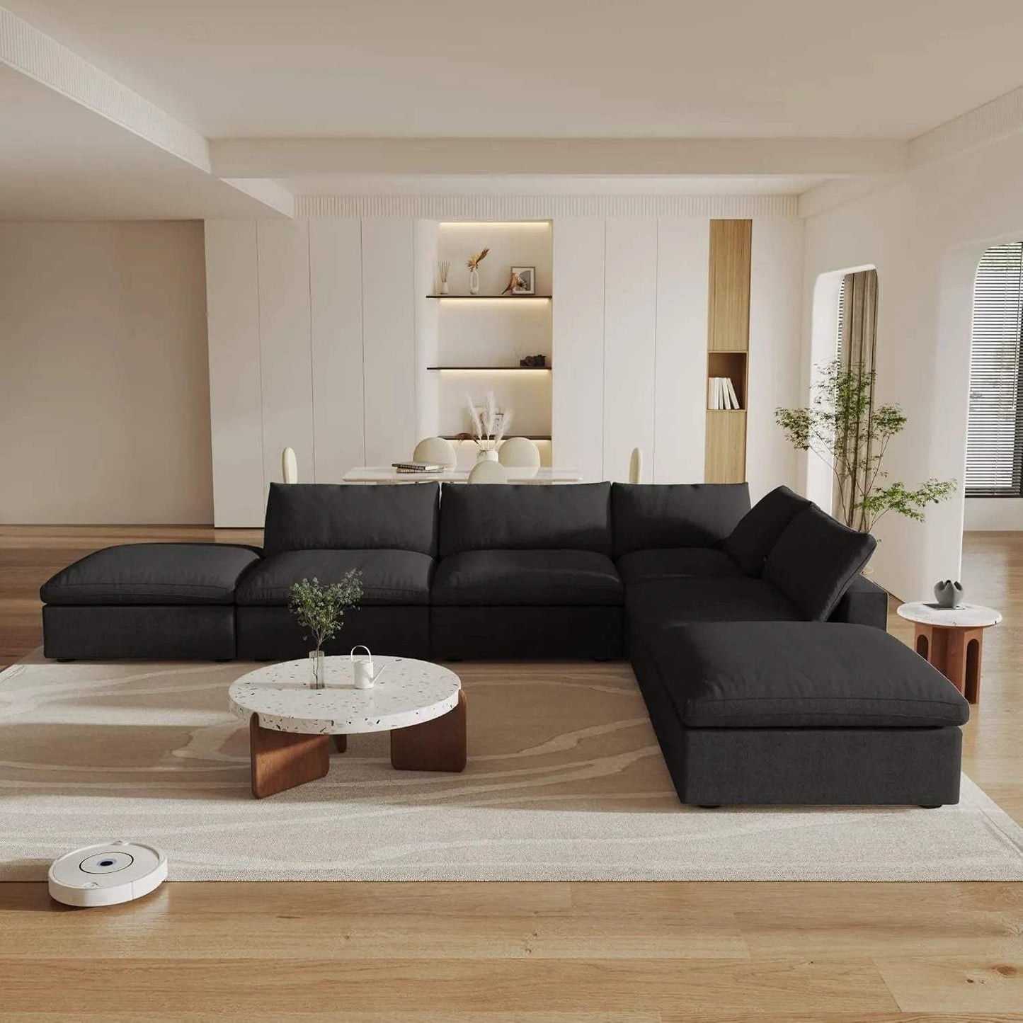160" Black Linen Blend Modular Armless Sofa With Ottomans And Storage - HomeRoots - Flyclothing LLC