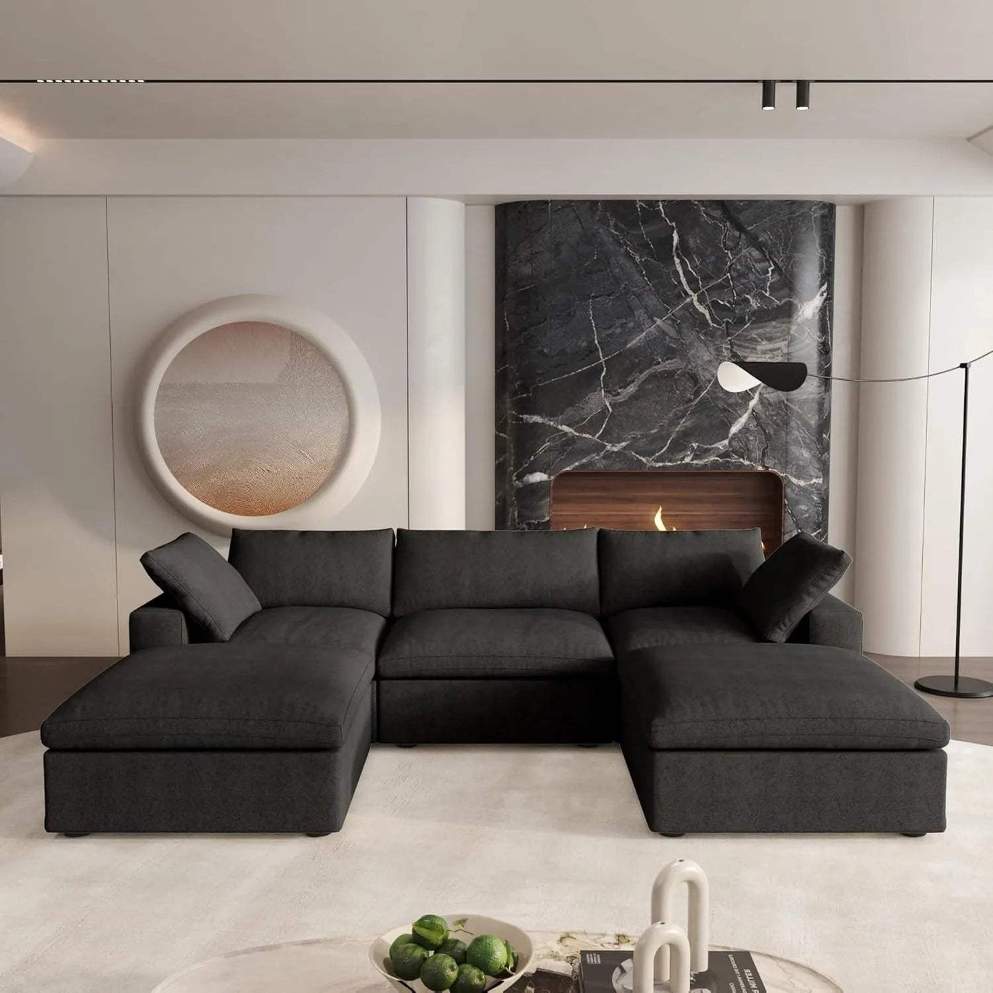 120" Black Linen Blend Modular Sofa With Ottomans Toss Pillows And Storage - HomeRoots - Flyclothing LLC