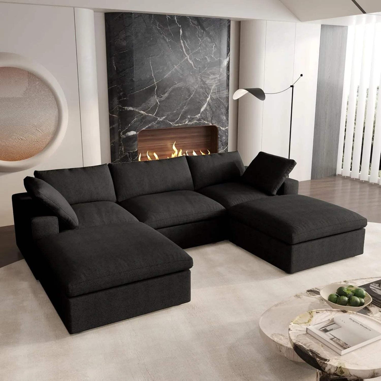 120" Black Linen Blend Modular Sofa With Ottomans Toss Pillows And Storage - HomeRoots - Flyclothing LLC