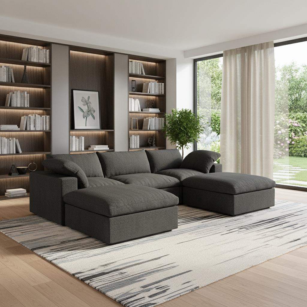 120" Black Linen Blend Modular Sofa With Ottomans Toss Pillows And Storage - HomeRoots - Flyclothing LLC