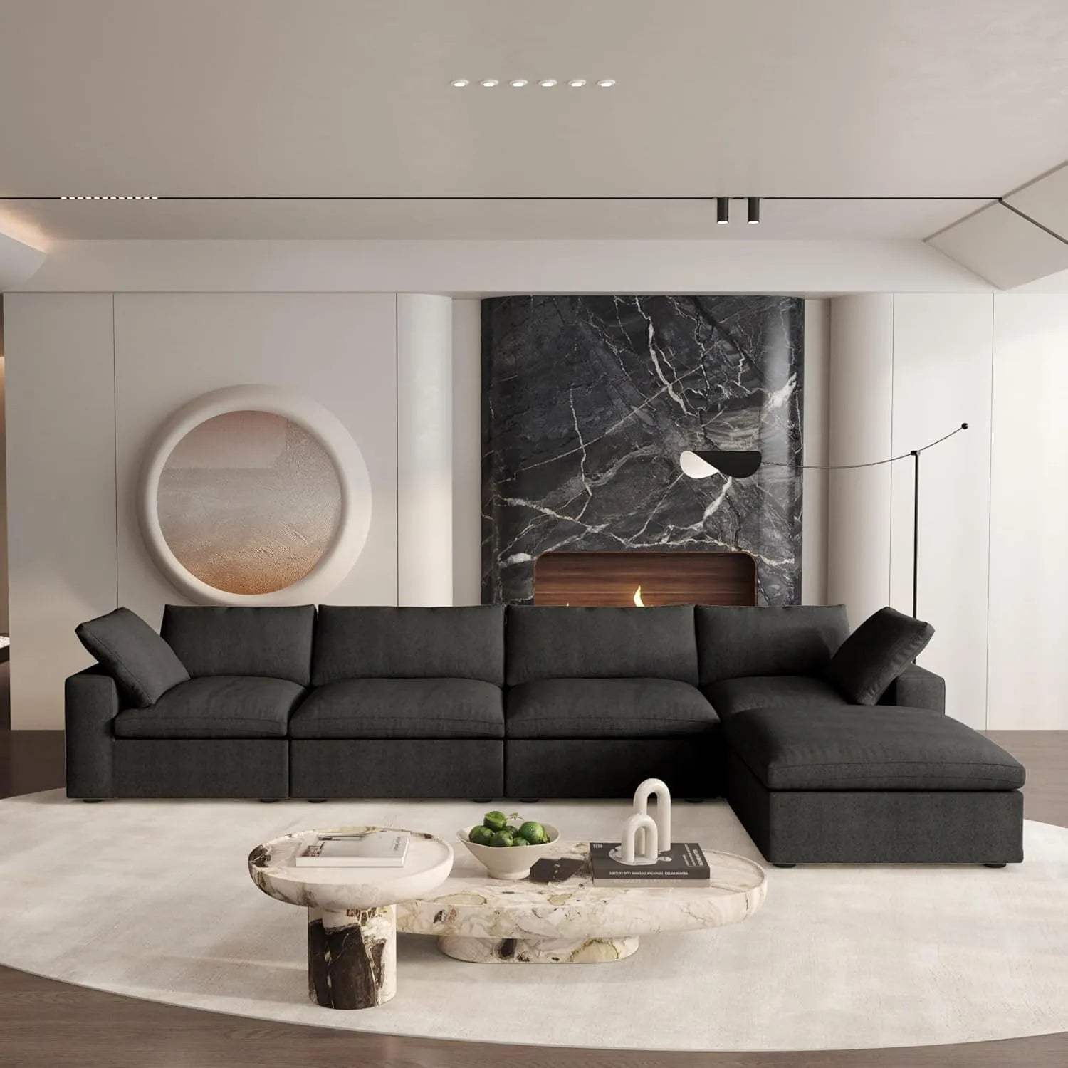 160" Black Linen Blend Modular Right Sofa With Ottoman And Toss Pillows - HomeRoots - Flyclothing LLC
