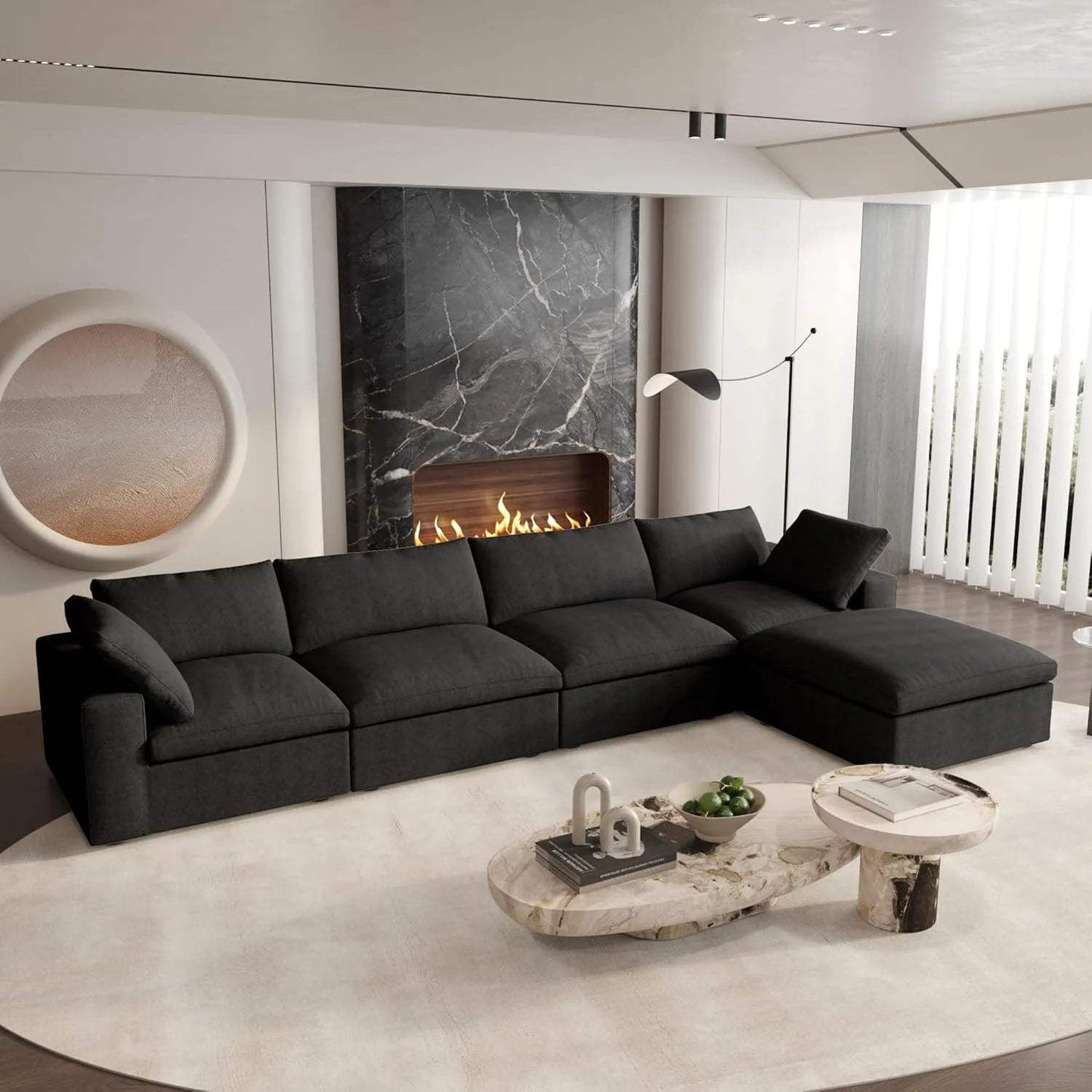 160" Black Linen Blend Modular Right Sofa With Ottoman And Toss Pillows - HomeRoots - Flyclothing LLC