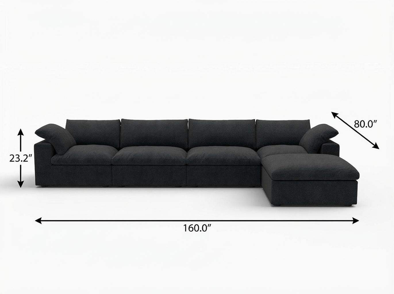 160" Black Linen Blend Modular Right Sofa With Ottoman And Toss Pillows - HomeRoots - Flyclothing LLC