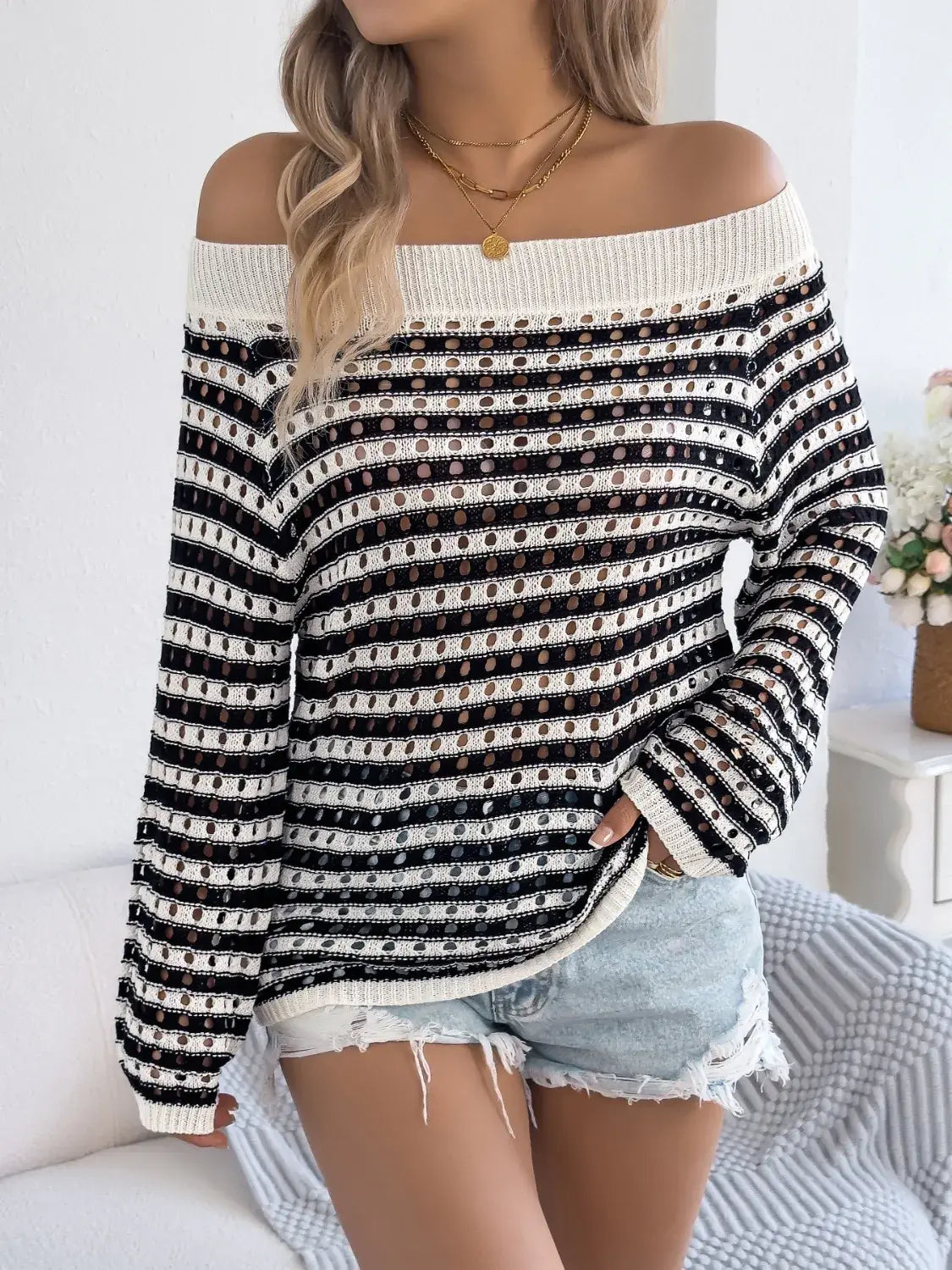 Openwork Striped Off-Shoulder Knit Top - Trendsi - Flyclothing LLC