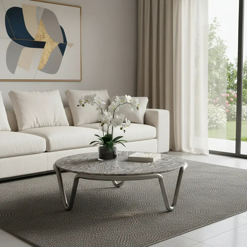 43" Gray and Silver Wood and Stainless Steel Round Coffee Table - Homeroots - Flyclothing LLC