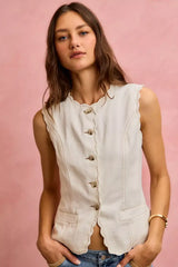 SO ME Scalloped Edge Cotton Twill Washed Vest Top - Trendsi - Flyclothing LLC
