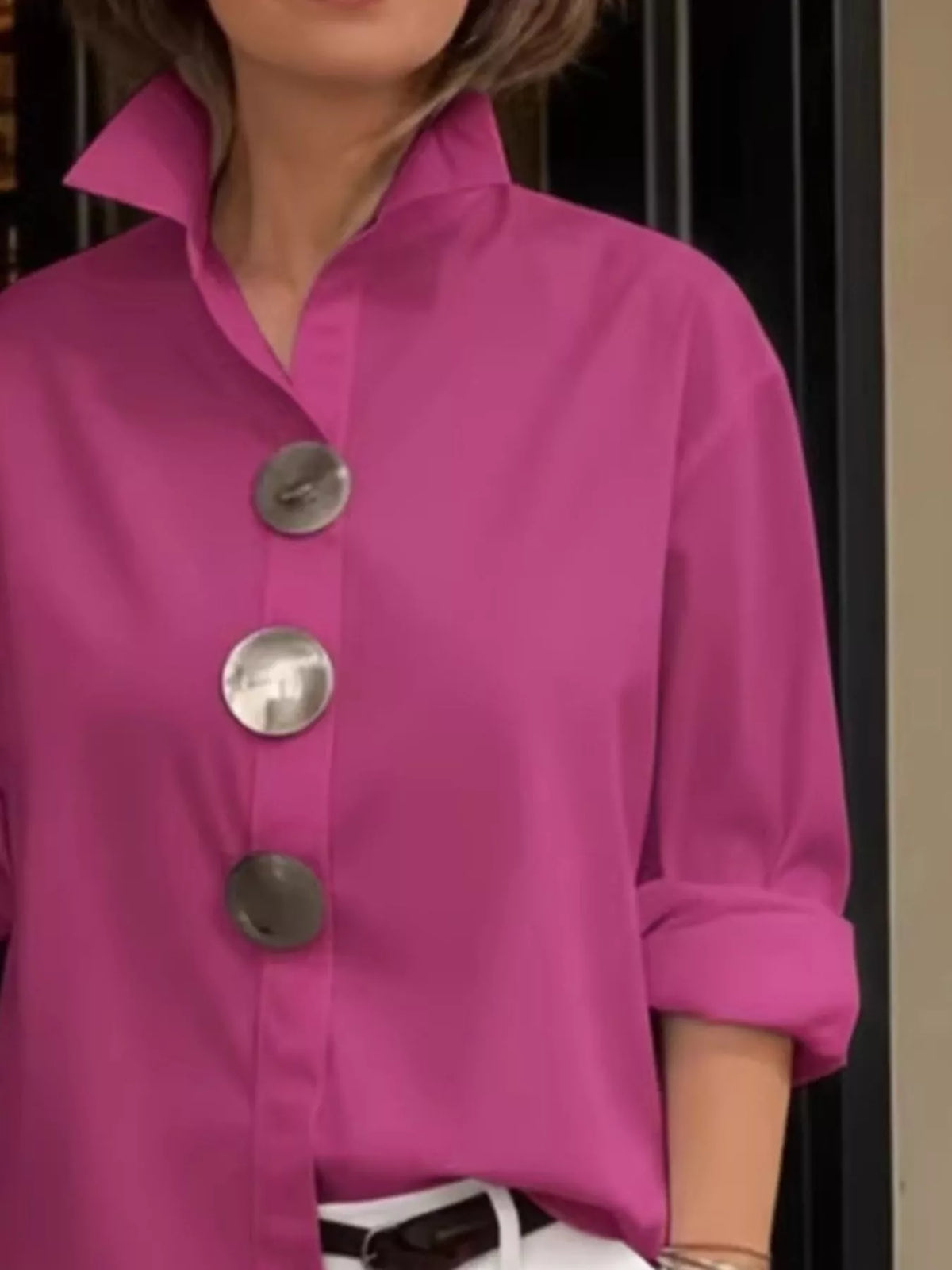 Full Size Oversized Metal Button Long Sleeve Shirt Plus Size - Trendsi - Flyclothing LLC
