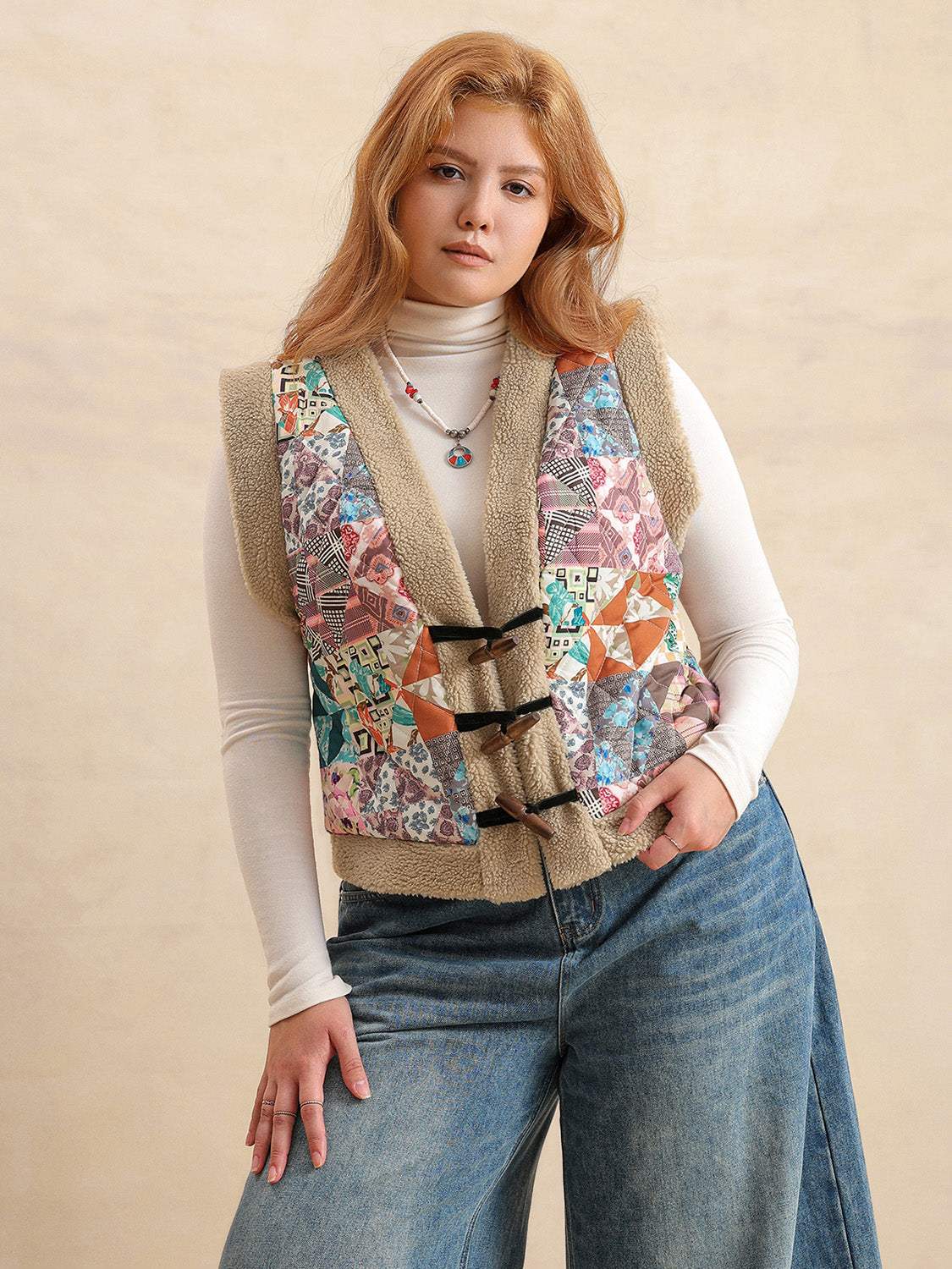Plus Size Printed Sherpa Vest Coat - Trendsi - Flyclothing LLC