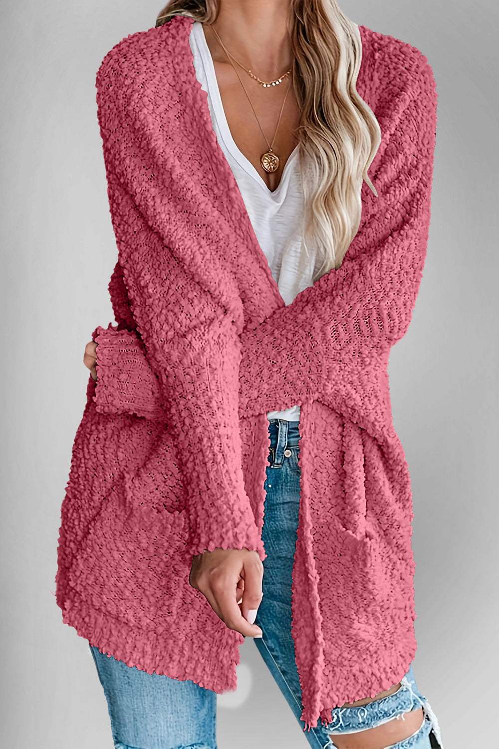 Double Take Pocketed Open Front Long Sleeve Cardigan - Trendsi - Flyclothing LLC