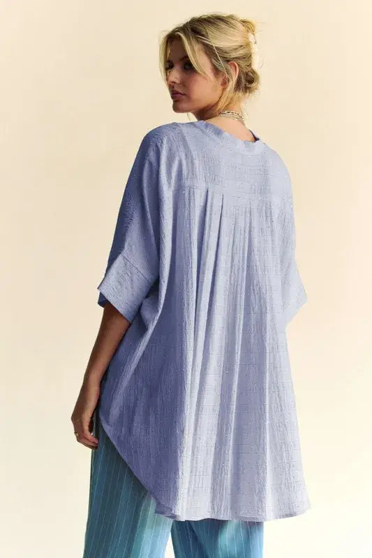 Davi & Dani Rhinestone Pleat Back Short Sleeve Loose Fit Shirt - Trendsi - Flyclothing LLC