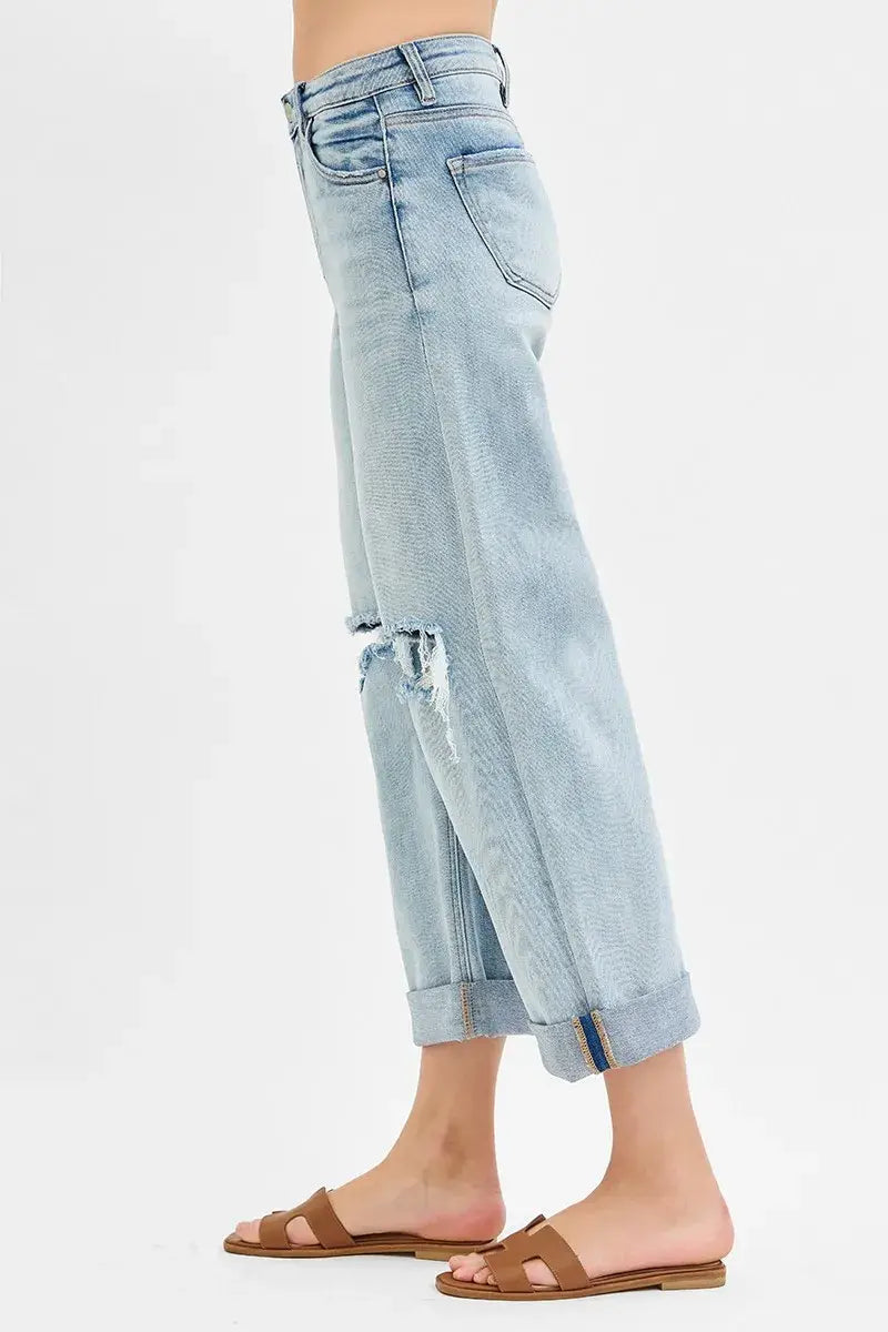 RISEN Full Size Mid Rise Fit Boyfriend Jeans with Cuff Plus Size - Trendsi - Flyclothing LLC