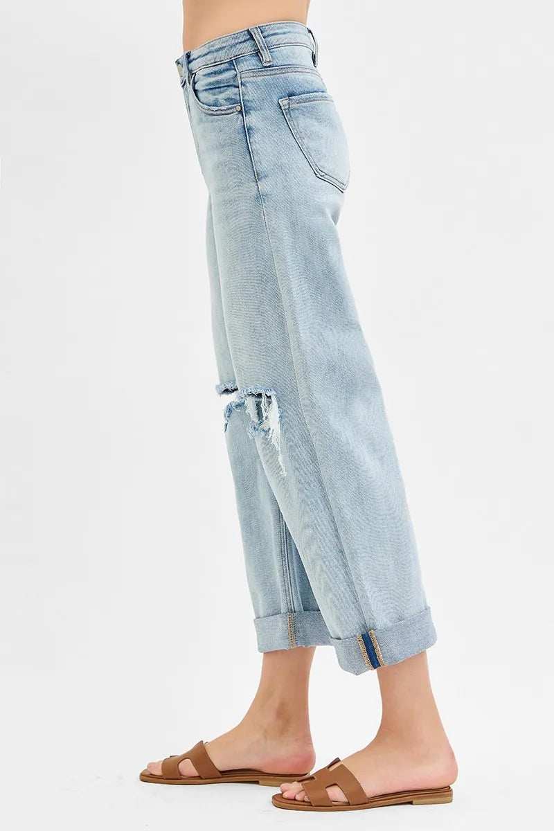 RISEN Full Size Mid Rise Fit Boyfriend Jeans with Cuff Plus Size - Trendsi - Flyclothing LLC