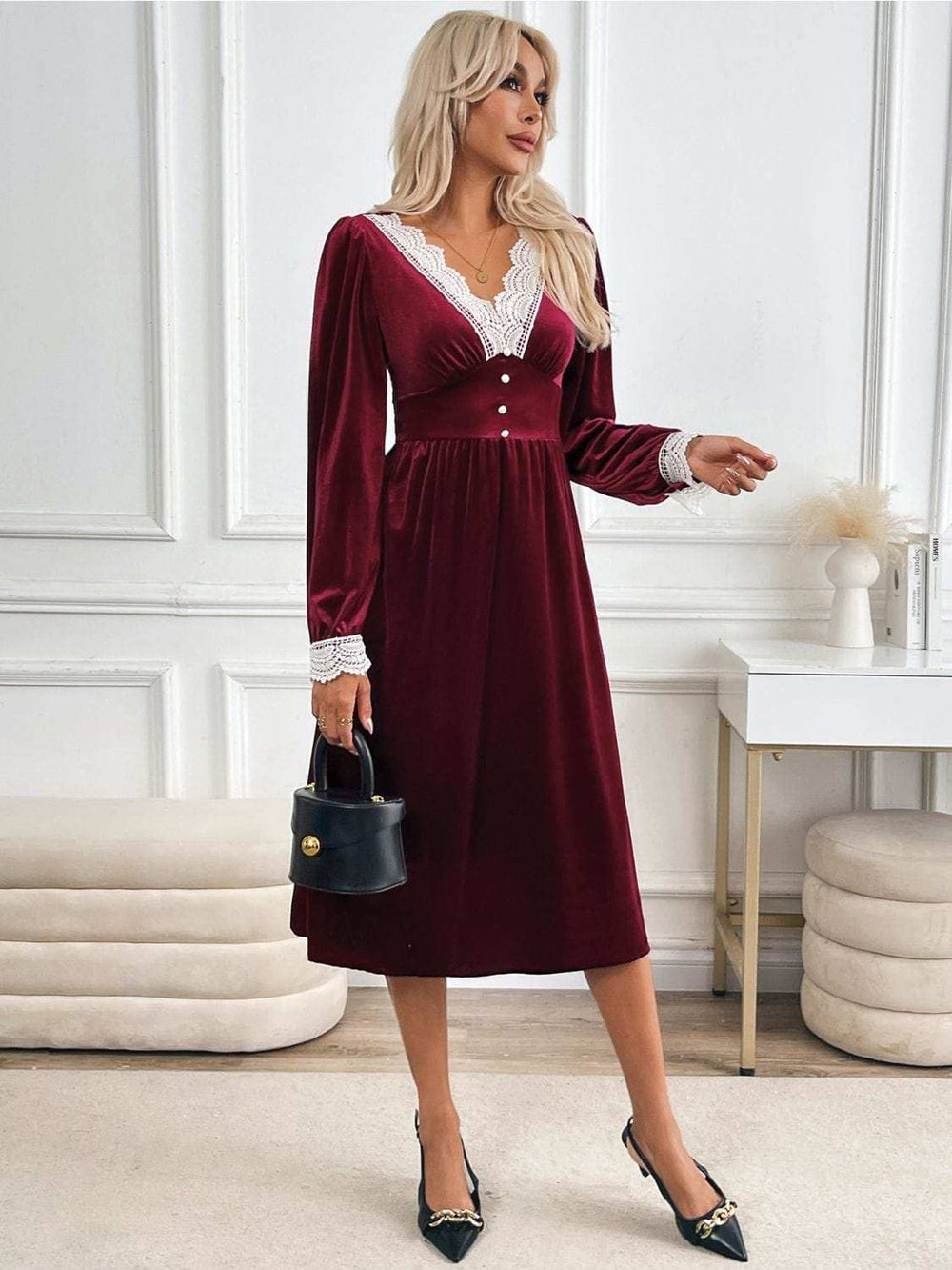 Perfee Lace Detail V-Neck Long Sleeve Midi Dress - Trendsi - Flyclothing LLC