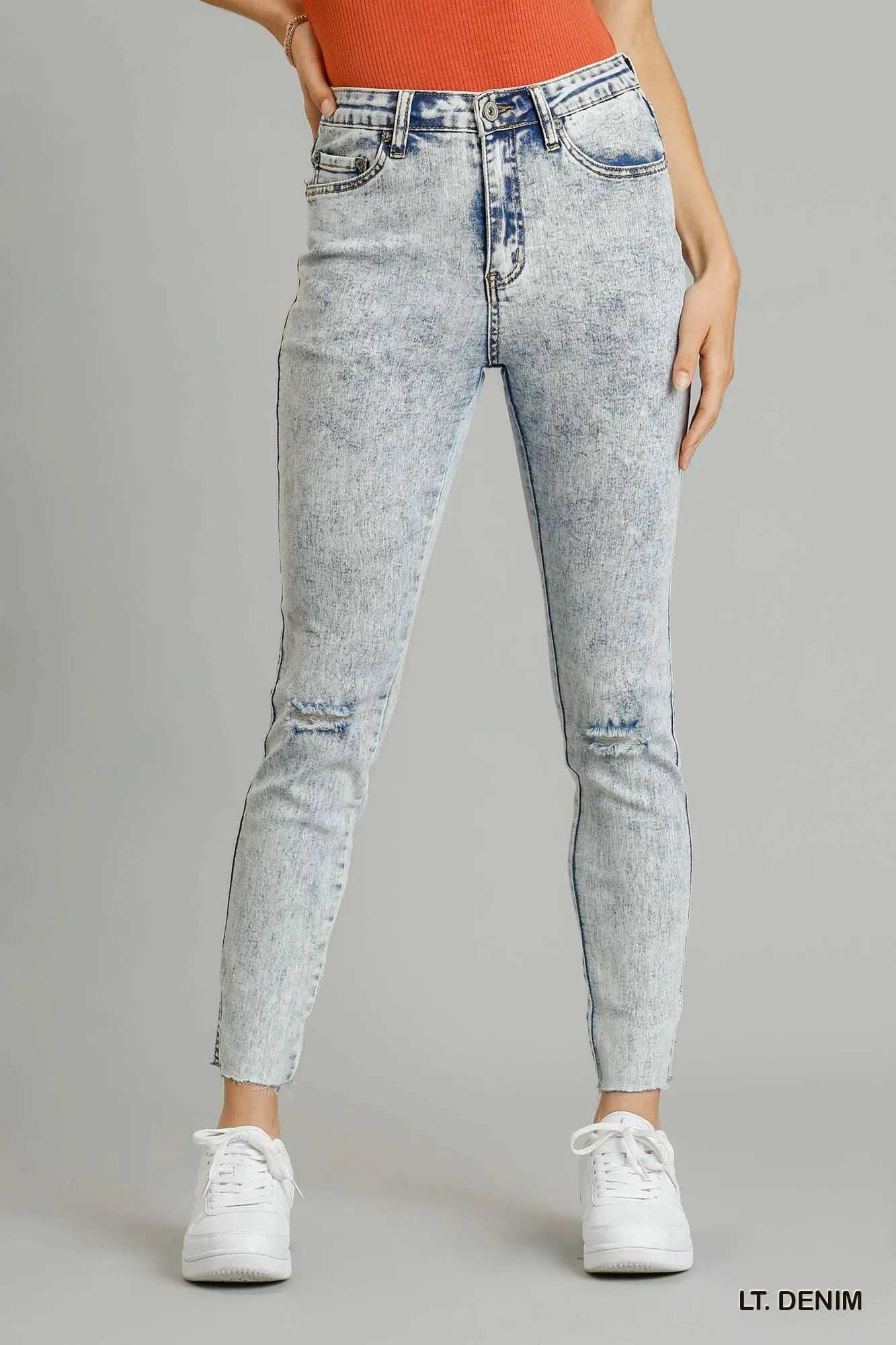 Umgee 5-Pockets Distressed Detail Stretch Denim Skinny Jeans with Unfinished Hem - Trendsi - Flyclothing LLC