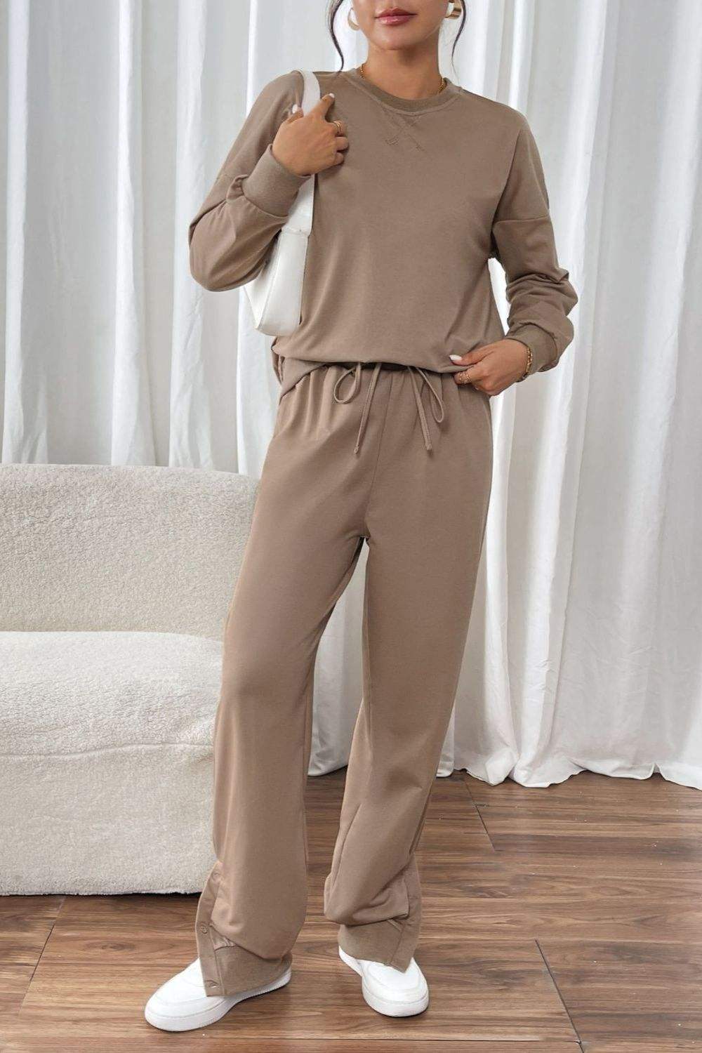 Perfee Round Neck Long Sleeve Top and Pants Set - Trendsi - Flyclothing LLC