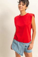 HYFVE Round Neck Shoulder Pad Sleeveless Top - Trendsi - Flyclothing LLC